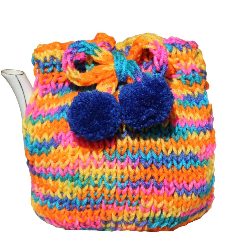 Multicolor Knit Tea Cozy With Pom Poms, Handmade
